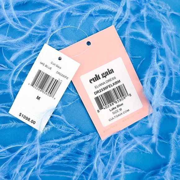 Cult Gaia Eliana Cutout One-Shoulder Feather Mini Dress Lake Blue - Picture 12 of 14